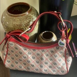 Dooney & Burke Tan & Red Canvas & Leather Shoulder Bag